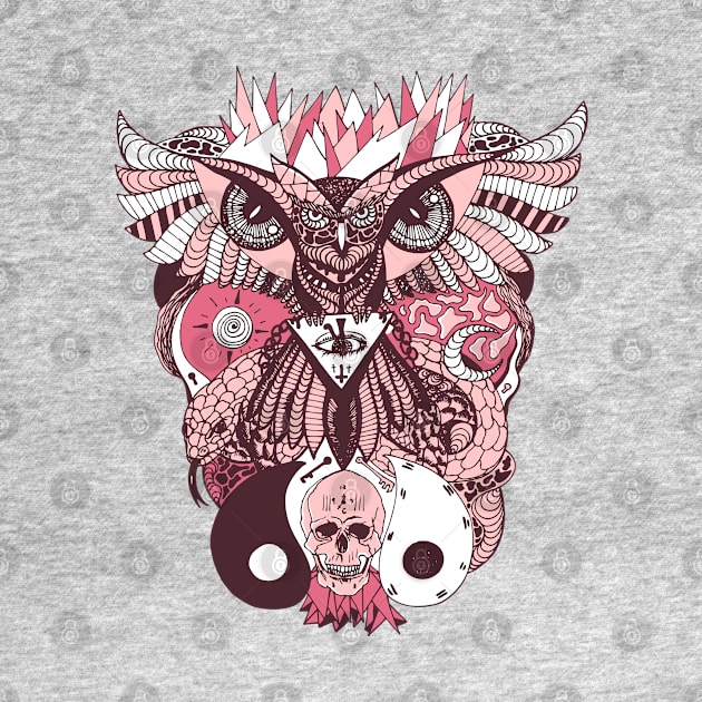 Pink and White Owl And Ageless Skull by kenallouis